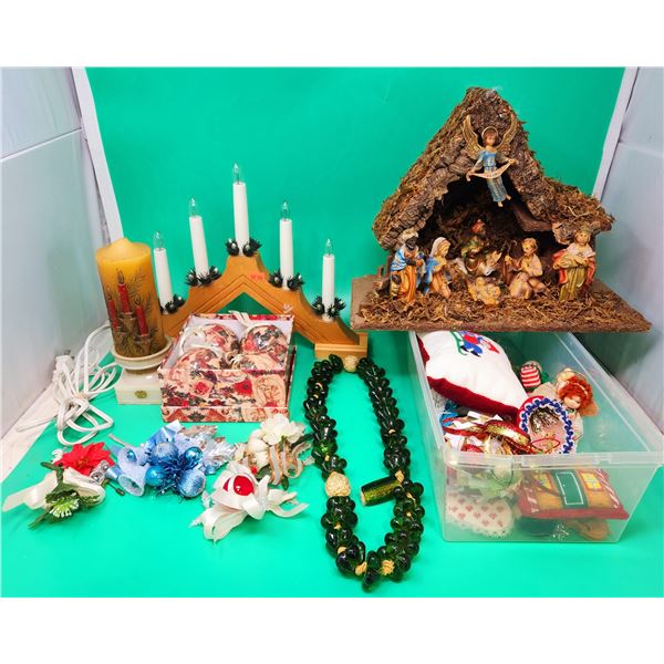 Christmas Decor Lot w/ Nativity Scene, Candelabra, Ornaments, & More