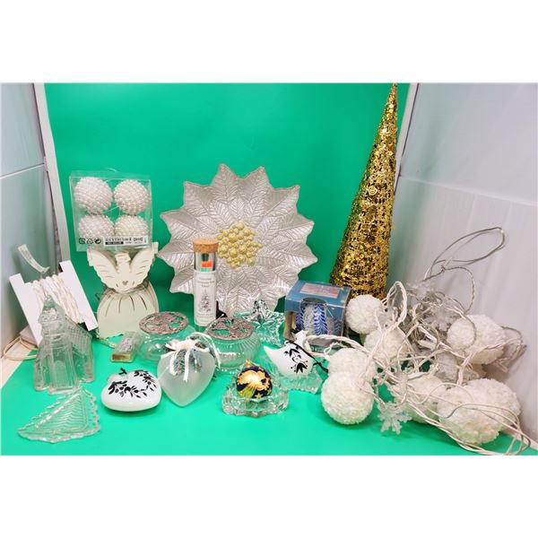 Christmas Decor Lot w/ Glass Oil Lamp, String Lights, Tinsel, Ornaments, & More