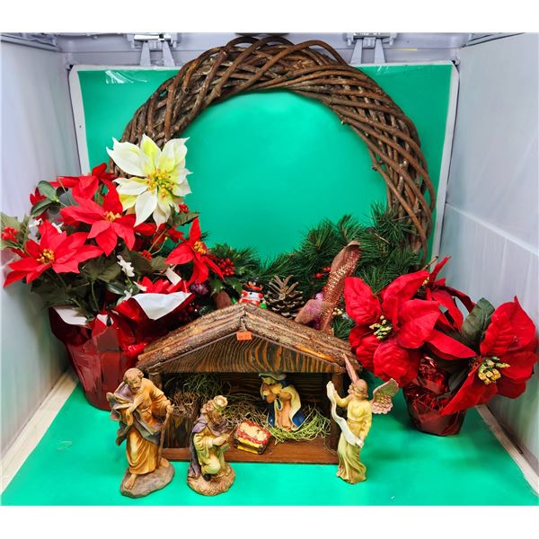 Christmas Decor Lot w/ Wood Wreath, Faux Poinsettias, & Nativity Scene