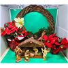 Christmas Decor Lot w/ Wood Wreath, Faux Poinsettias, & Nativity Scene
