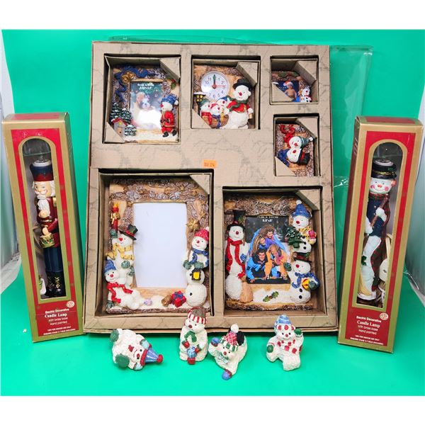 Snowmen Picture Frames, Figurines, & 2 Hand-Painted Candle Lamps w/ Brass Bases