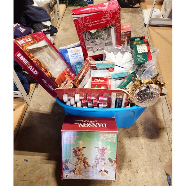 Christmas Decor Lot w/ 2 Brass Candleholders, String Lights, Outdoor Outlet Stake, & More