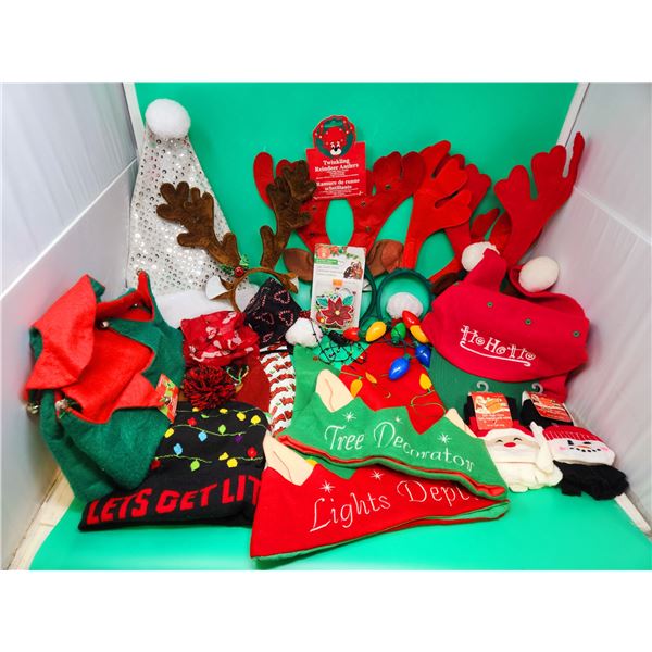 Lot of Assorted Christmas Hats/Headbands & Ugly Sweater Patches