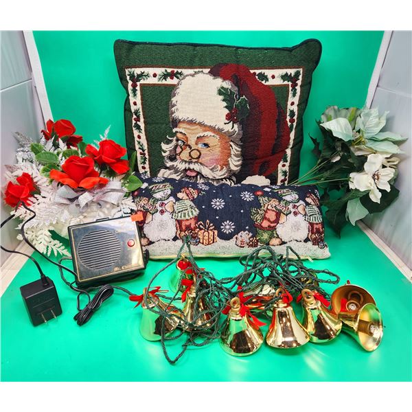 Christmas Decor Lot w/ Santa Claus Pillow, Floral Decorations, Bell String Lights, & More