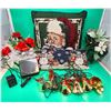 Christmas Decor Lot w/ Santa Claus Pillow, Floral Decorations, Bell String Lights, & More