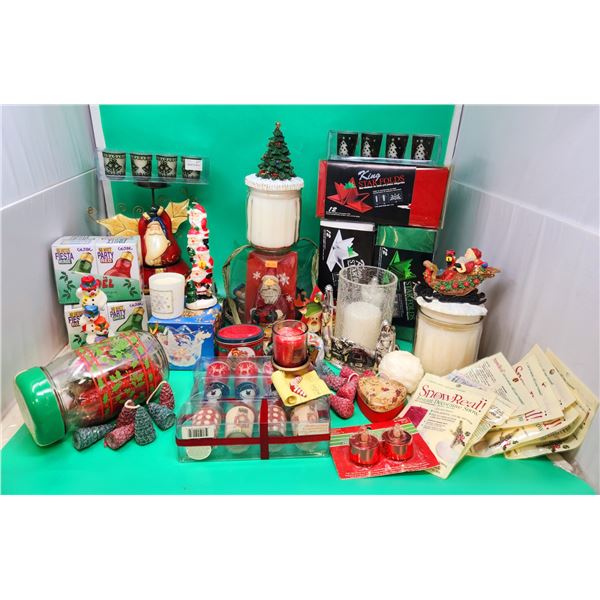 Christmas Decor Lot w/ Artificial Snow, Starfold Napkins, Candles, & More