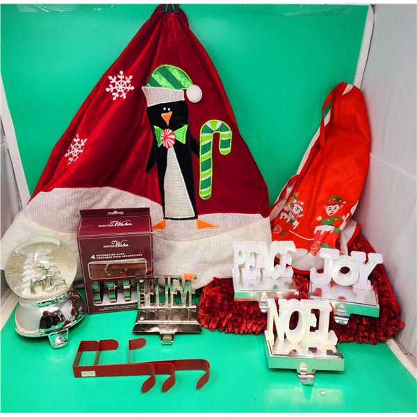 Lot of Decoration Clips/Stocking Holders, Tree Skirts, & Bath Mat