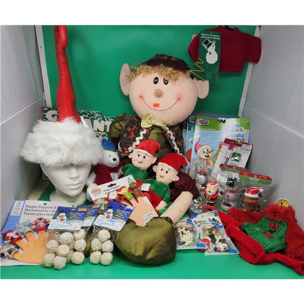 Christmas Plush & Toy Lot w/ Finger Puppets, Snowman Poop, Coloring Books, Solar Car Decor, & More