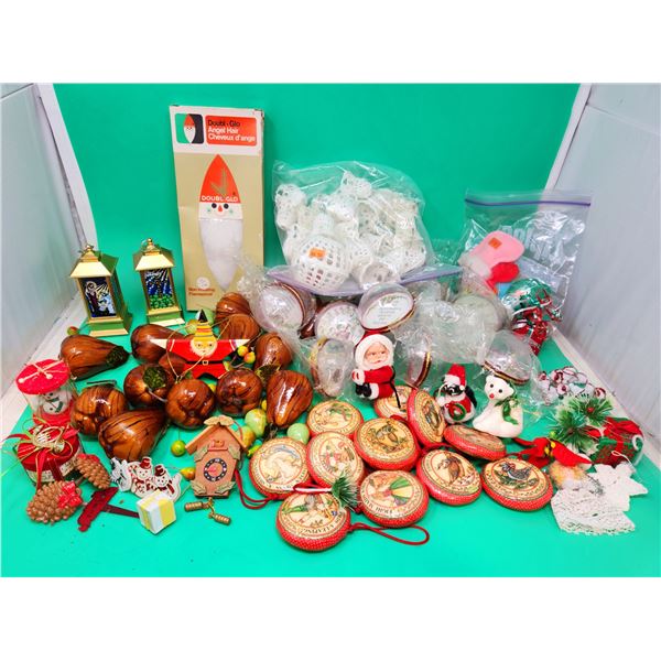 VTG Christmas Tree Decorations w/ 12 Days of Christmas Ornaments, Angel Hair, & More
