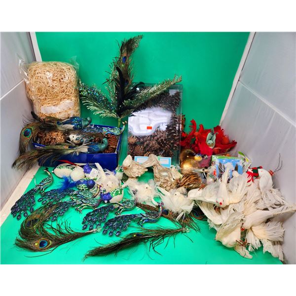 Christmas Decor Lot w/ Peacock Feathers, Decorative Pinecones, Feathered Birds, & More