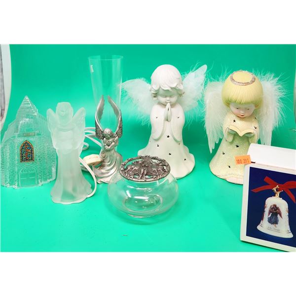 Angel & Church Decor Lot w/ Battery-Operated Angels, Pewter Figurine, Bell, & More