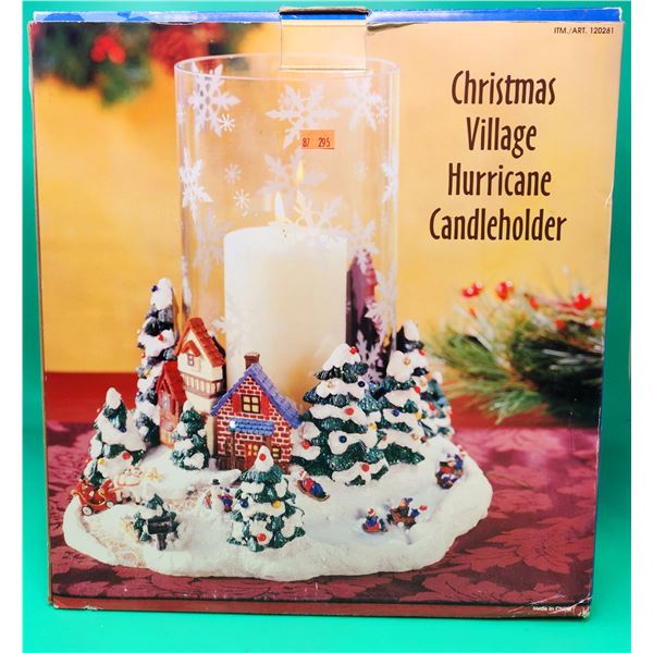 Hand-Painted Christmas Village Hurricane Candleholder w/ Etched Snowflakes