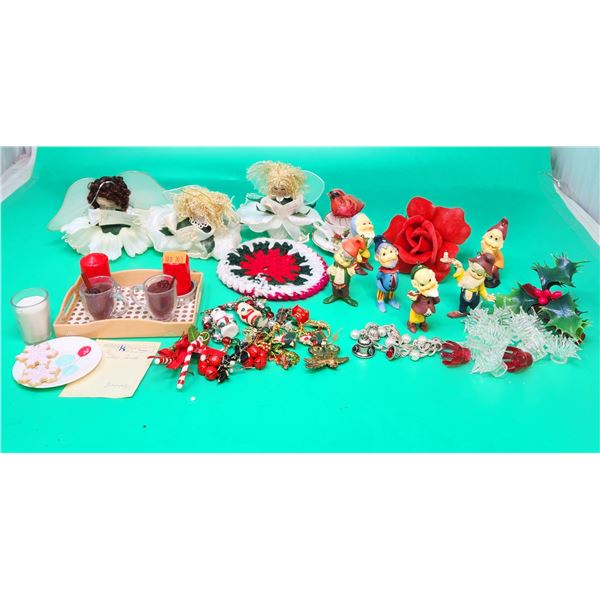 Christmas Decor & Jewelry Lot w/ Brooch, Earrings, Angel Ornaments, Elf Ornaments, & More