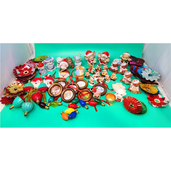 Assorted Ornament & Light Lot w/ Bear Ornaments, Christmas Light Reflectors, Bubble Lights, & More