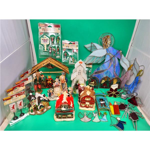 Stained Glass & Figurine Lot w/ Stained Glass Angels, Winter Village Buildings/Accessories, & More