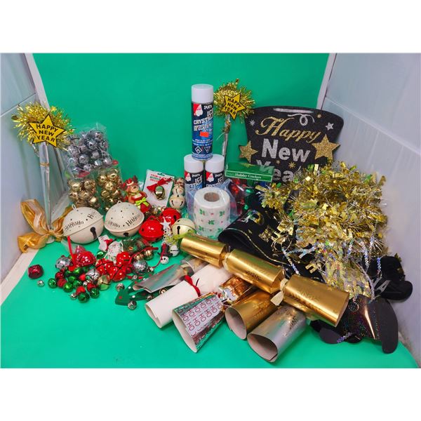 Christmas & New Year Lot w/ Holiday Crackers, Spray Glass Frost, Ornaments, & More