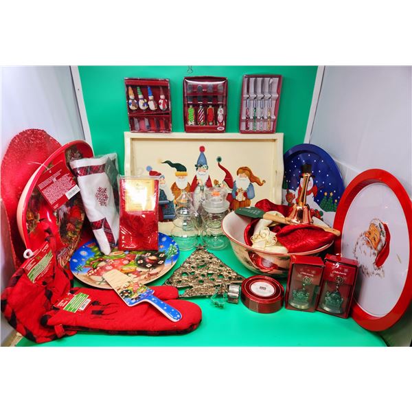 Christmas Serve Ware & Kitchen Lot w/ Assorted Serving Trays, Spreaders, Oven Mitts, & More