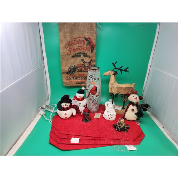 Christmas Decor Lot w/ Figurines, Place Mats, & More