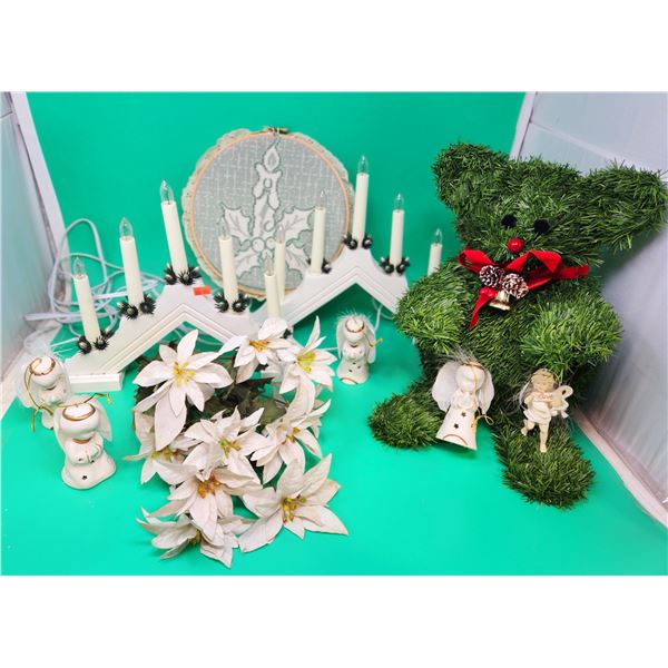 Christmas Decor Lot w/ Faux Evergreen Bear, Candelabra, & More