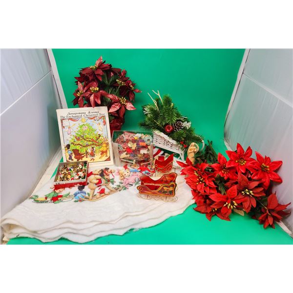 Christmas Decor Lot w/ Sleighs, Toy Tree Skirt, Mini Ornaments, & More