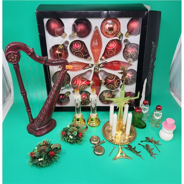 Christmas Decor Lot w/ Harp, Candleholders, Ornaments, & More