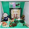 Christmas Decor Lot w/ Glass Ornaments, Crown Mini Lights, Teddy Bear Plate, & More