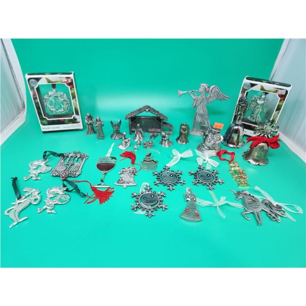 Christmas Metal Ware Lot w/ Avon Ornaments, Nativity Scene, & More