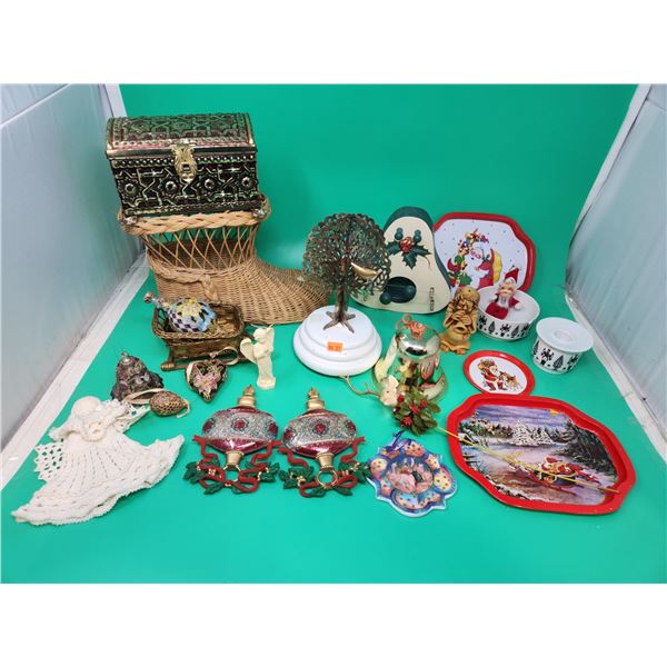 Christmas Decor Lot w/ Ornaments, Serving Trays, Santa Boot Basket, & More