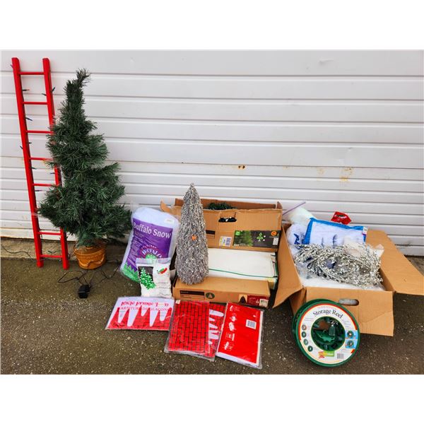 Christmas Decor Lot w/ Storage Reel, Artificial Snow, Trees, & More