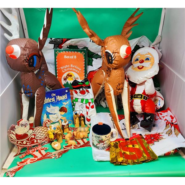 VTG Christmas Decor Lot w/ Blow-Up Reindeer, Nativity Scene Figures, The Littlest Angel Book, & More