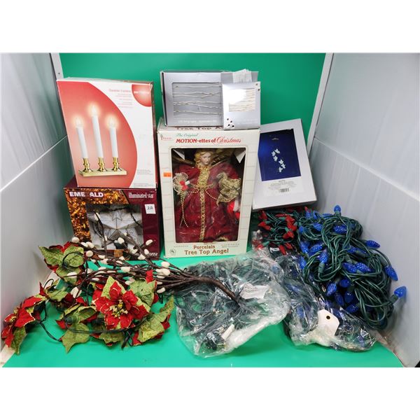 Christmas Light & Decor Lot w/ Animated Porcelain Tree Top Angel, Blue Lights, & More