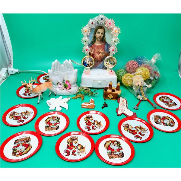 Christmas Decor Lot w/ Light-Up Jesus Decoration, Santa Cookie Plates Made in Hong Kong, & More