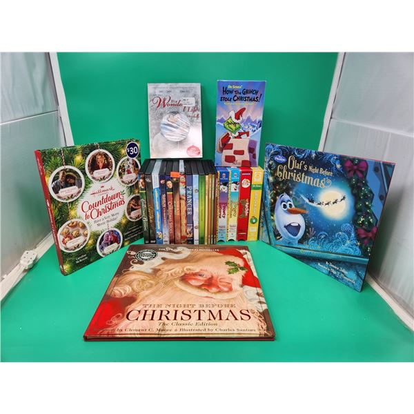 Lot of Christmas Books, DVDs, & VHSs w/ Frosty VHSs, Olaf's Night Before Christmas Book, & More