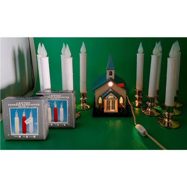 Light-Up Decor Lot w/ Candlesticks & Musical Church