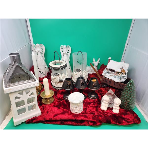 Christmas Decor Lot w/ Old Toys Wagon, Reindeer Candleholders, Thomas Kinkade Figurine, & More
