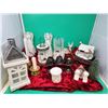 Christmas Decor Lot w/ Old Toys Wagon, Reindeer Candleholders, Thomas Kinkade Figurine, & More