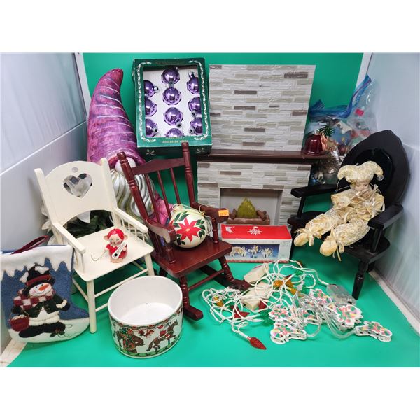 Christmas Decor Lot w/ Small Wooden Chairs, Candy Cane Lights, Silver-Plated Napkin Rings, & More