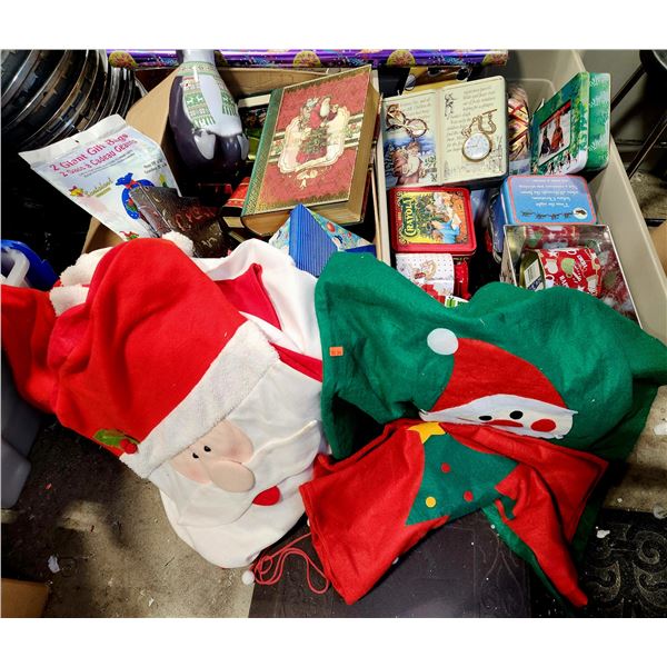 Lot of Christmas Tins & Sacks w/ Crayola Tin & More