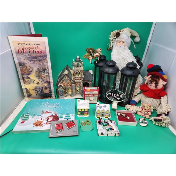 Christmas Decor Lot w/ Toy Advent Calendar, Lanterns, Winter Village Figurines, Brooches, & More