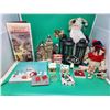 Christmas Decor Lot w/ Toy Advent Calendar, Lanterns, Winter Village Figurines, Brooches, & More