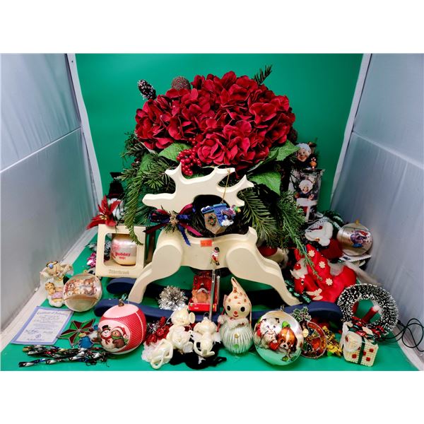 Christmas Decor Lot w/ VTG Ornaments, Centerpiece, Small Rocking Reindeer, & More