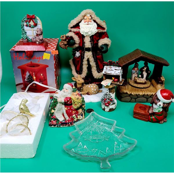 Christmas Decor Lot w/ Nativity Scene, Candleholder, Santa & Wild Animal Figure, & More
