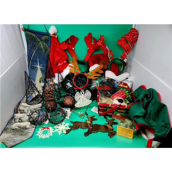 Christmas Decor Lot w/ Reindeer Headbands, Crochet Angel Ornament, Wall Hanging, & More