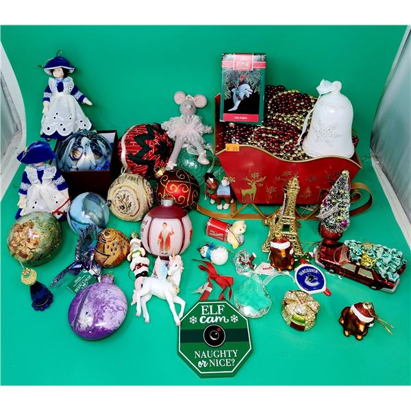 Assorted Ornament & Decor Lot w/ Beads, VTG Ornaments, Sleigh, & More