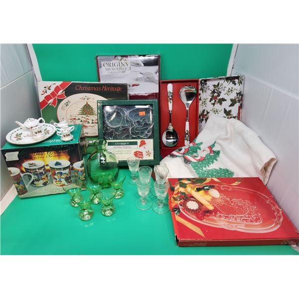 Christmas Kitchen Lot w/ Christmas Mugs, Cookie Cutters, Miniature Tea Set, & More