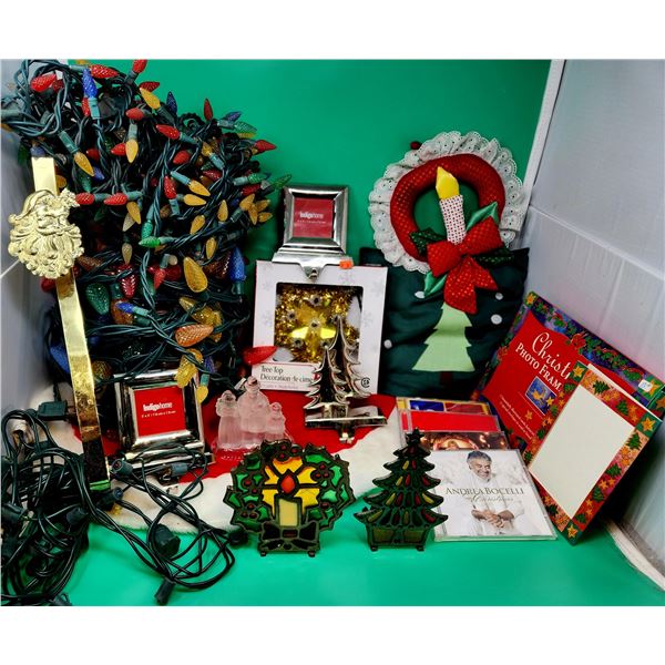 Christmas Decor Lot w/ Lights, Wreath Hanger, Stocking Hangers, Tree Topper, & More