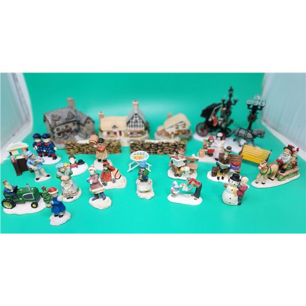 Lot of Winter Village Buildings & Accessories w/ Horse Drawn Carriage, Man on Tractor, & More