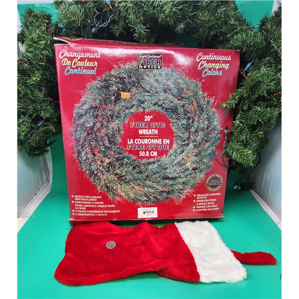 Fiber Optic Wreath, Faux Evergreen Garland, & Stocking