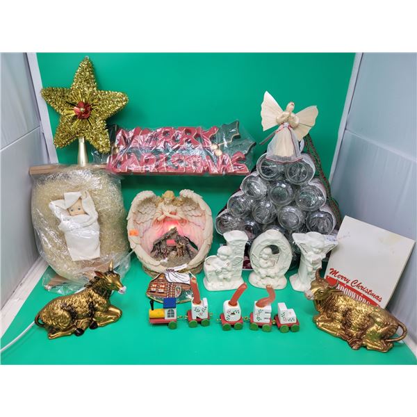 Christmas Decor Lot w/ Light-Up Nativity Scene, Baby Jesus, Candleholders, & More