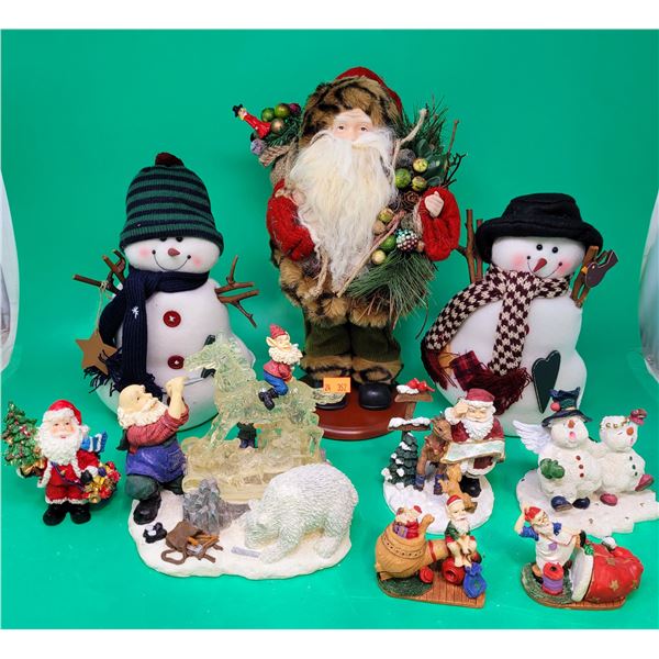 Christmas Decor Lot w/ Assorted Figurines, Plush Snowmen Decorations, & More